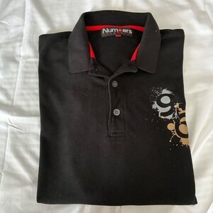 Numbers Worldwide Polo‎ Shirt Graphic Print Short Sleeve Casual Cotton Black L